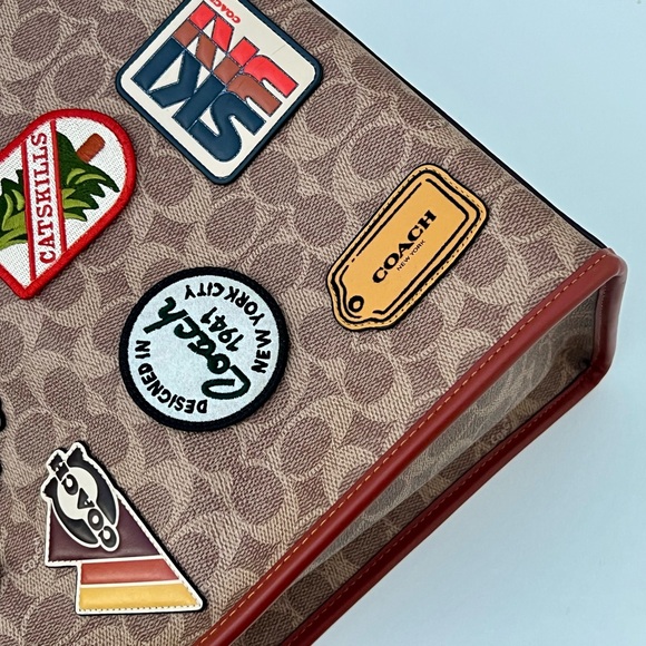 COACH Field Tote In Signature Jacquard Canvas With Patches & Rexy Scarf - Picture 9 of 12